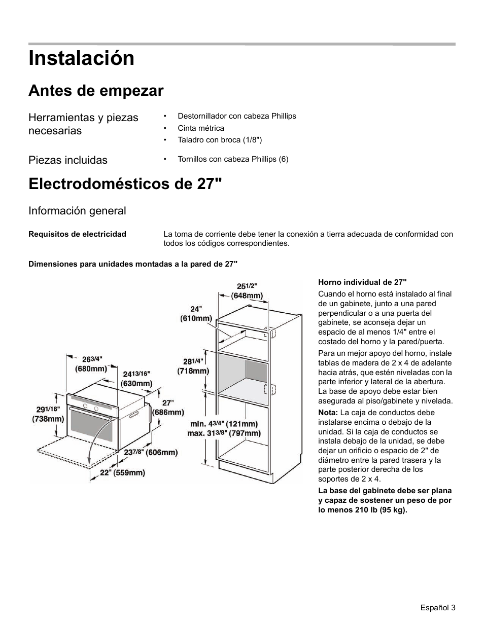 Instalación, Antes de empezar, Herramientas y piezas necesarias | Piezas incluidas, Electrodomésticos de 27, Información general, Requisitos de electricidad | Thermador ME272 User Manual | Page 35 / 48