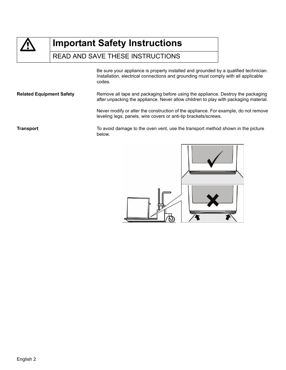 Important safety instructions, Read and save these instructions, Related equipment safety | Transport | Thermador ME272 User Manual | Page 4 / 48