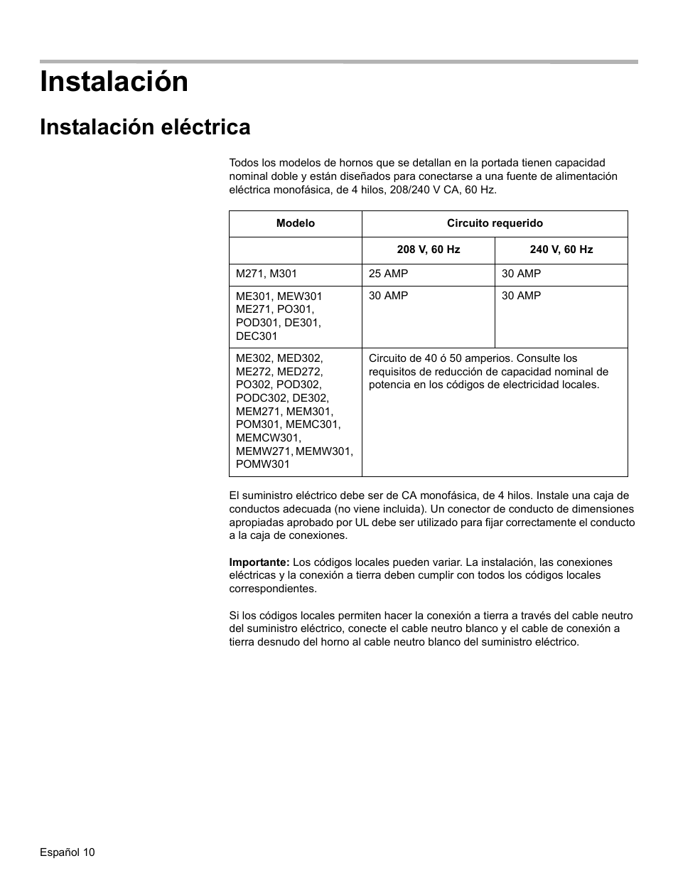 Instalación, Instalación eléctrica | Thermador ME272 User Manual | Page 42 / 48