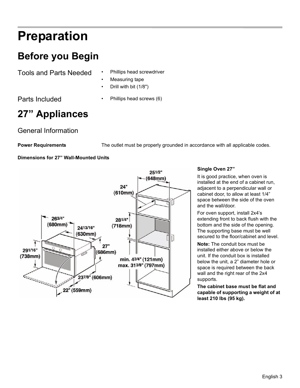 Preparation, Before you begin, Tools and parts needed | Parts included, 27” appliances, General information, Power requirements, Dimensions for 27” wall-mounted units | Thermador ME272 User Manual | Page 5 / 48