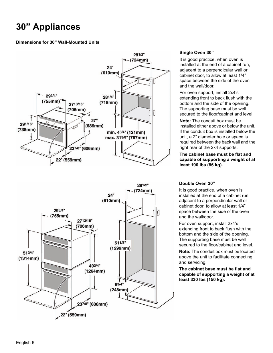 30” appliances, Dimensions for 30” wall-mounted units | Thermador ME272 User Manual | Page 8 / 48