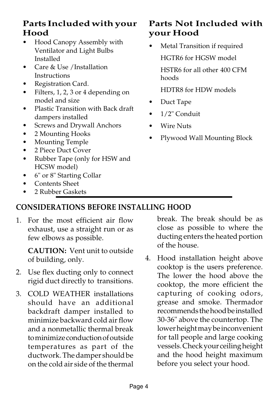 Parts included with your hood | Thermador HSW User Manual | Page 12 / 16