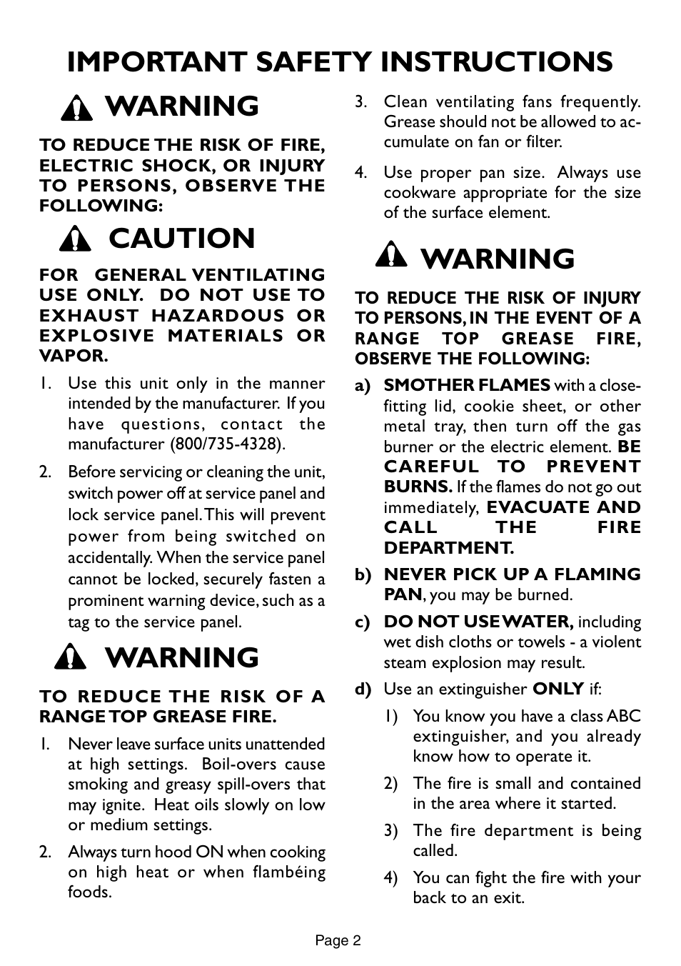 Warning, Caution, Important safety instructions | Thermador HSW User Manual | Page 2 / 16