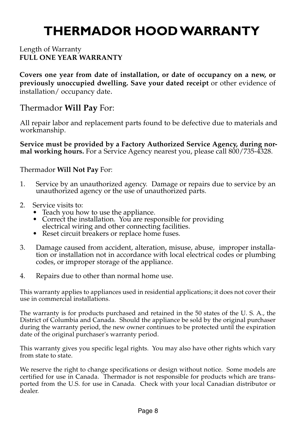 Thermador hood warranty, Thermador will pay for | Thermador HSW User Manual | Page 8 / 16