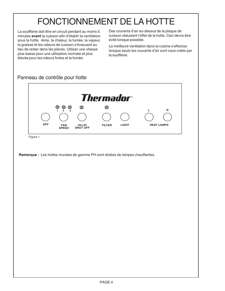 Fonctionnement de la hotte, Panneau de contrôle pour hotte | Thermador PH48CS User Manual | Page 12 / 24