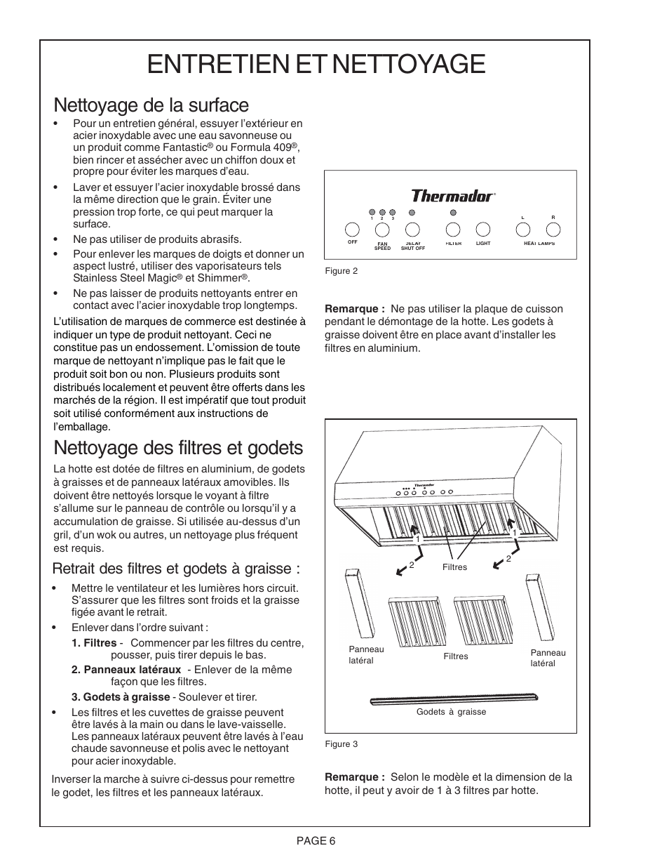 Entretien et nettoyage, Nettoyage de la surface, Nettoyage des filtres et godets | Retrait des filtres et godets à graisse | Thermador PH48CS User Manual | Page 14 / 24