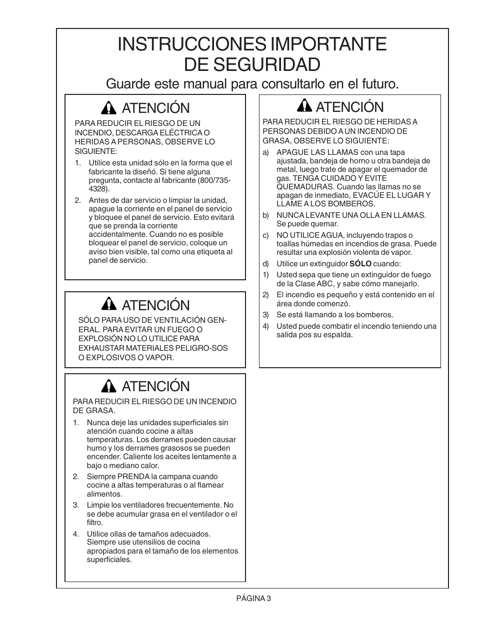 Instrucciones importante de seguridad, Atención, Guarde este manual para consultarlo en el futuro | Thermador PH48CS User Manual | Page 19 / 24