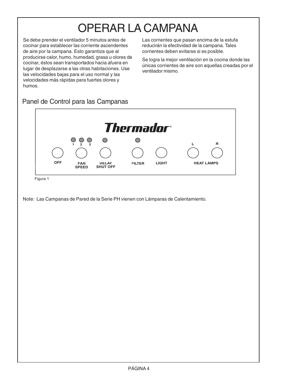 Operar la campana, Panel de control para las campanas | Thermador PH48CS User Manual | Page 20 / 24