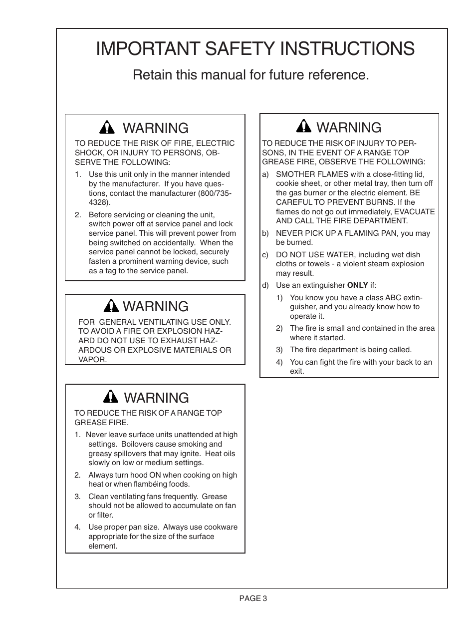 Important safety instructions, Retain this manual for future reference. warning, Warning | Thermador PH48CS User Manual | Page 3 / 24