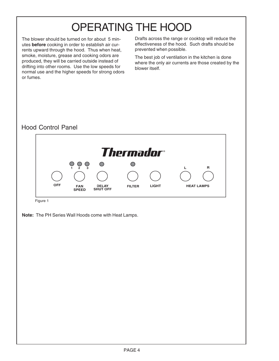 Operating the hood, Hood control panel | Thermador PH48CS User Manual | Page 4 / 24