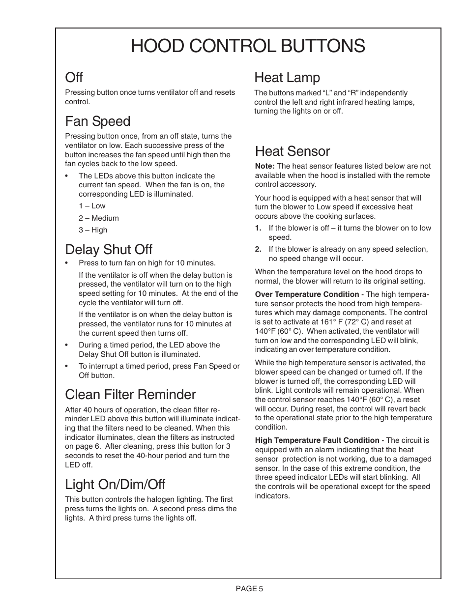 Hood control buttons, Heat sensor, Fan speed | Delay shut off, Clean filter reminder, Light on/dim/off, Heat lamp | Thermador PH48CS User Manual | Page 5 / 24