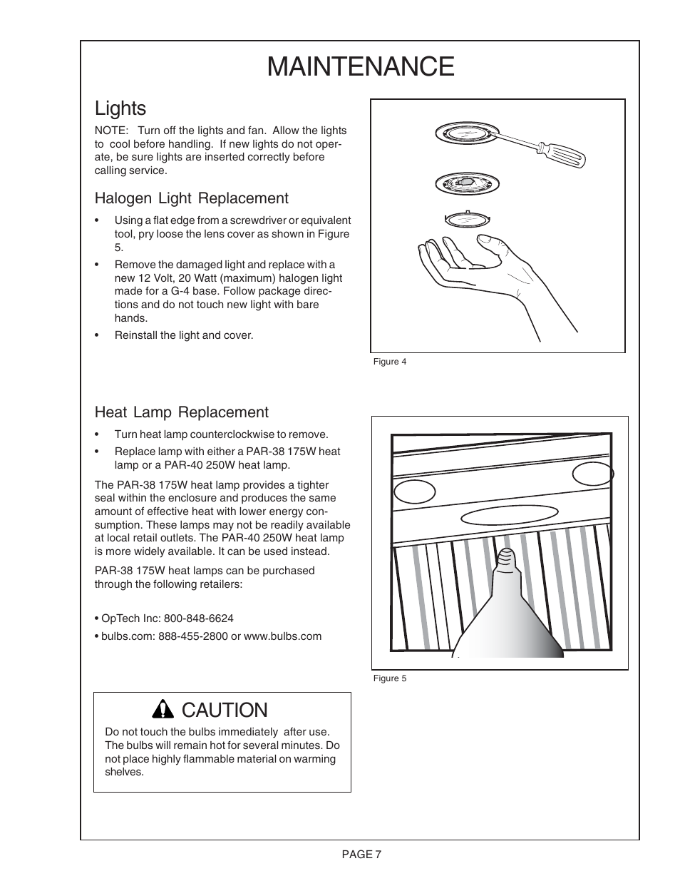 Maintenance, Caution, Lights | Heat lamp replacement, Halogen light replacement | Thermador PH48CS User Manual | Page 7 / 24