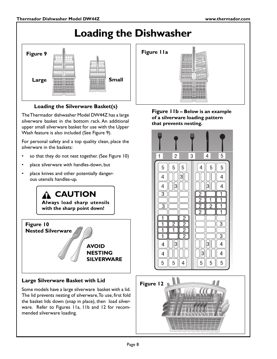 Loading the dishwasher, Caution | Thermador DW44ZSB User Manual | Page 10 / 24