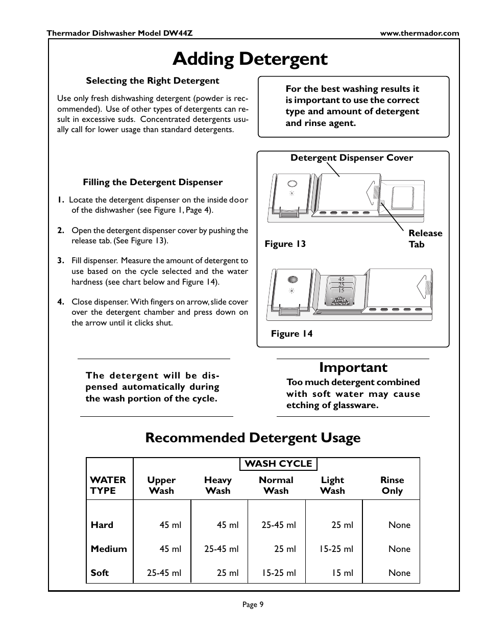 En- glish, Adding detergent, Important | Recommended detergent usage | Thermador DW44ZSB User Manual | Page 11 / 24