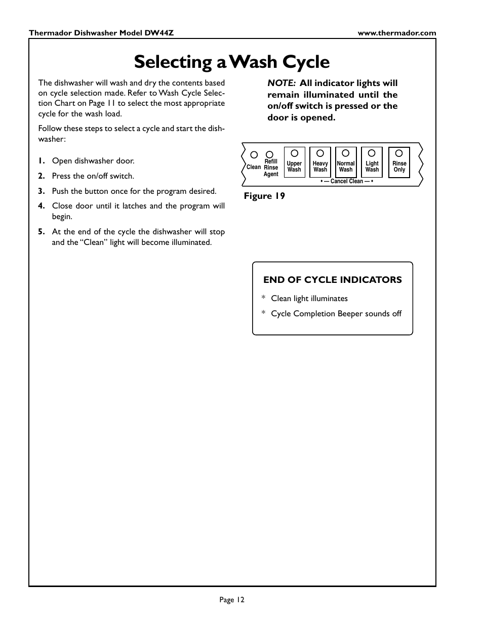 Selecting a wash cycle | Thermador DW44ZSB User Manual | Page 14 / 24