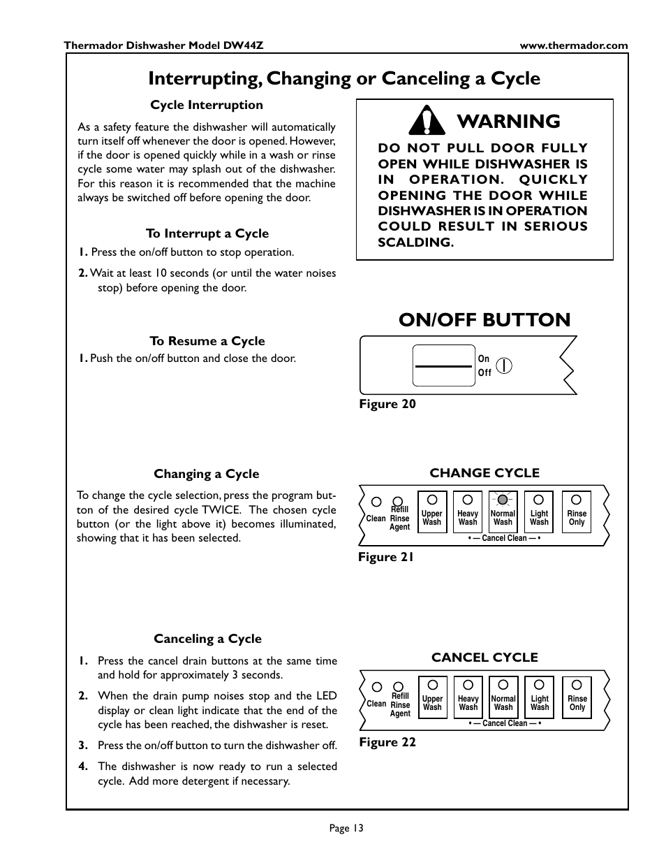 En- glish, Interrupting, changing or canceling a cycle, Warning | On/off button | Thermador DW44ZSB User Manual | Page 15 / 24