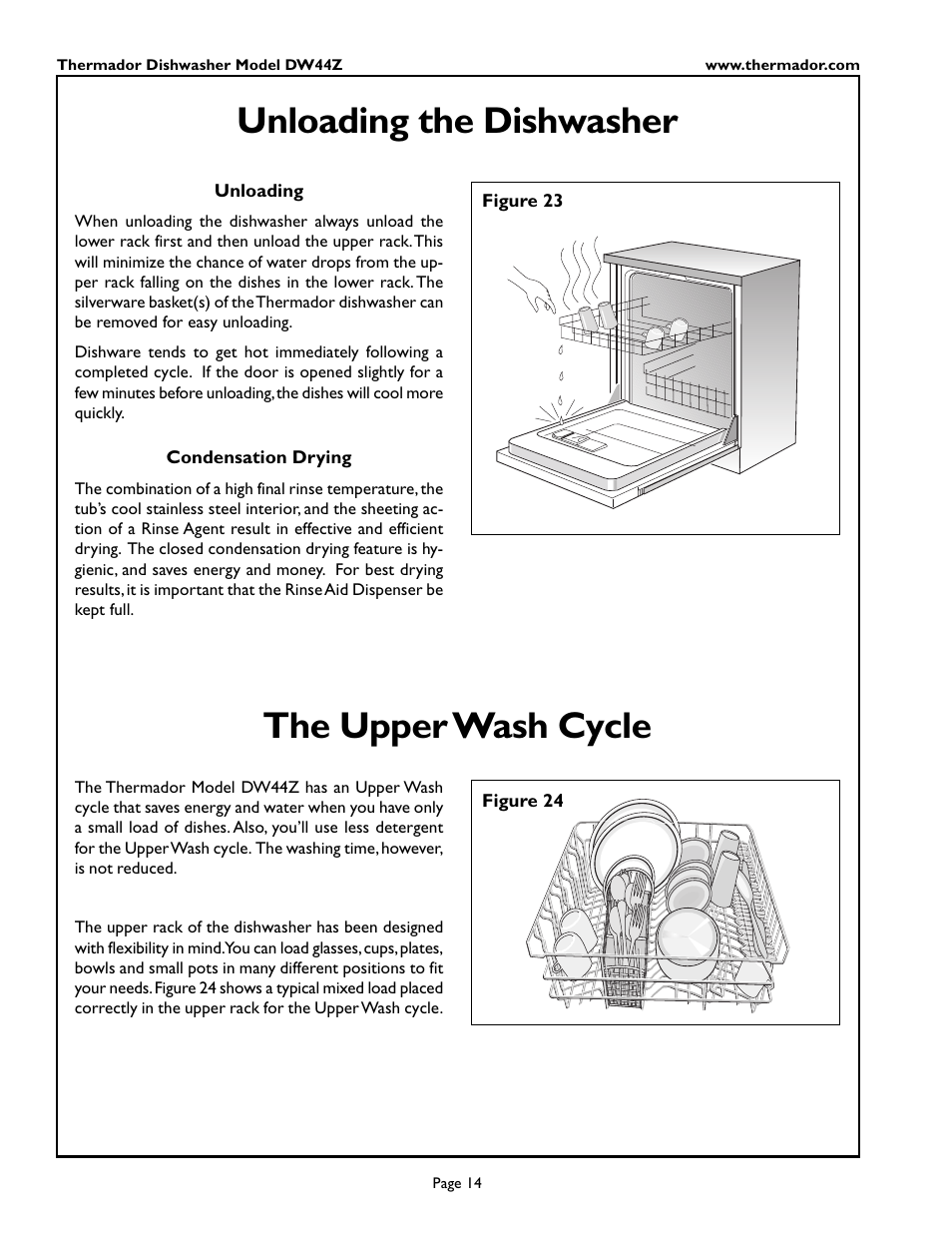 Unloading the dishwasher, The upper wash cycle | Thermador DW44ZSB User Manual | Page 16 / 24