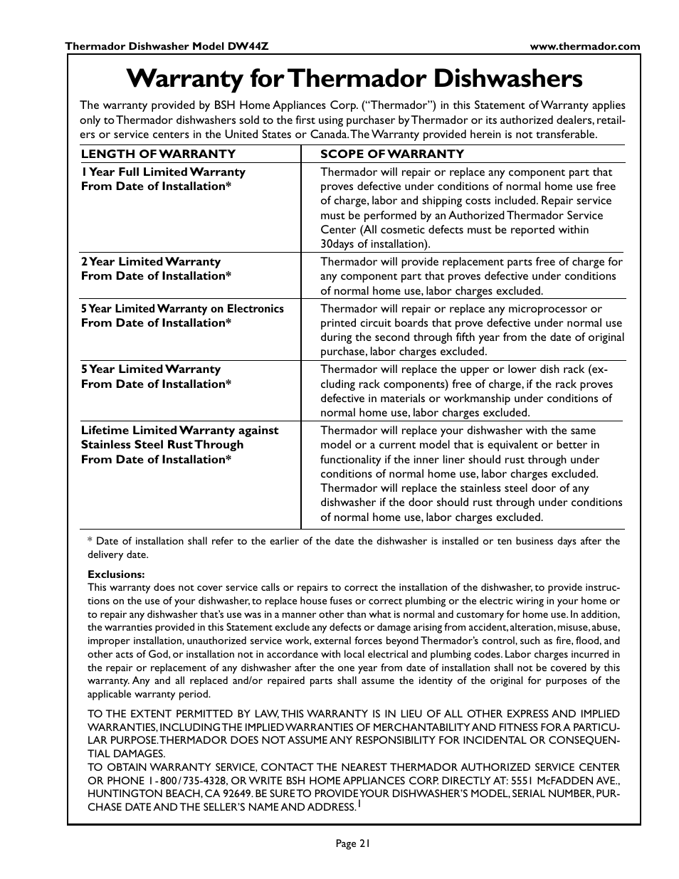 En- glish, Warranty for thermador dishwashers | Thermador DW44ZSB User Manual | Page 23 / 24