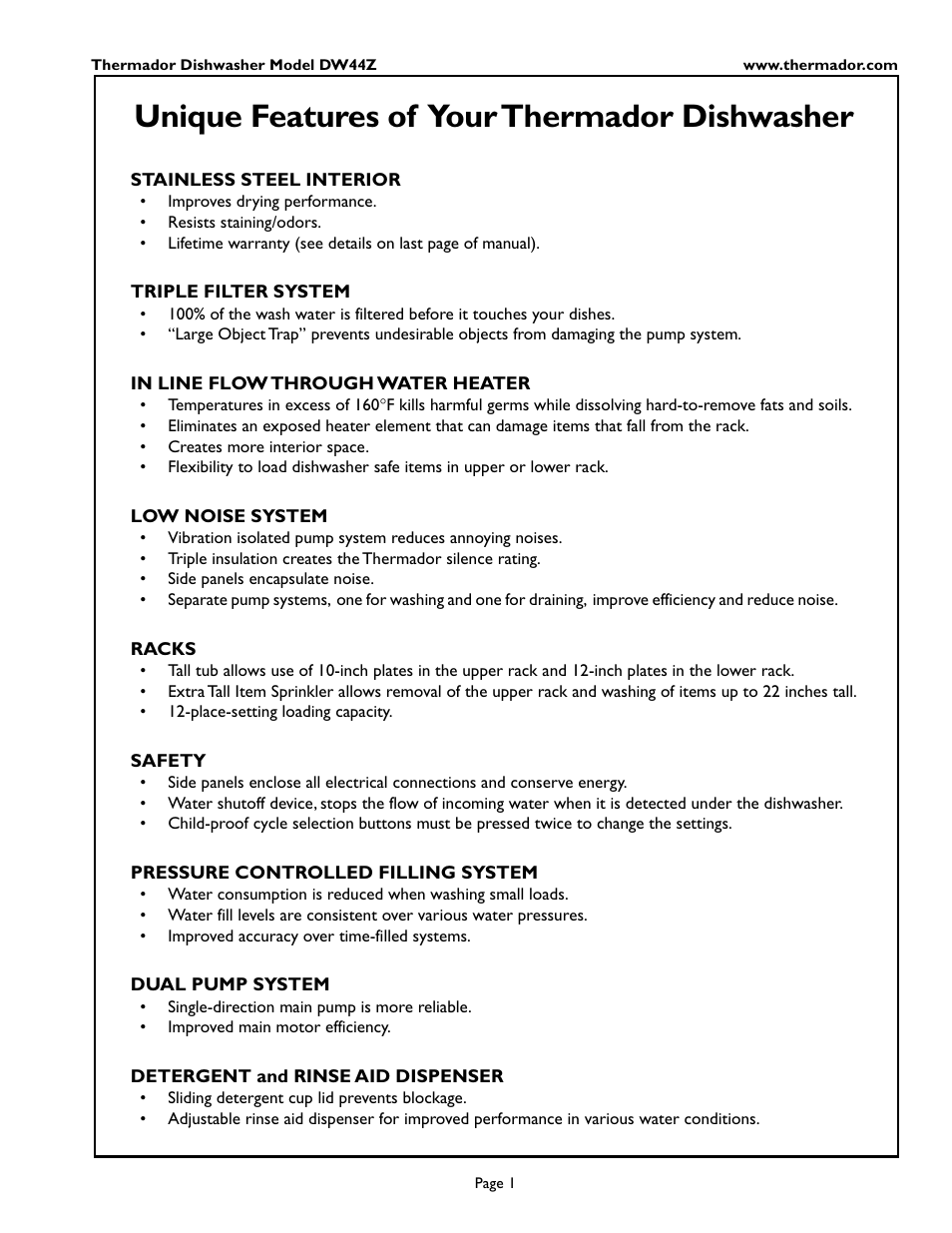 En- glish, Unique features of your thermador dishwasher | Thermador DW44ZSB User Manual | Page 3 / 24