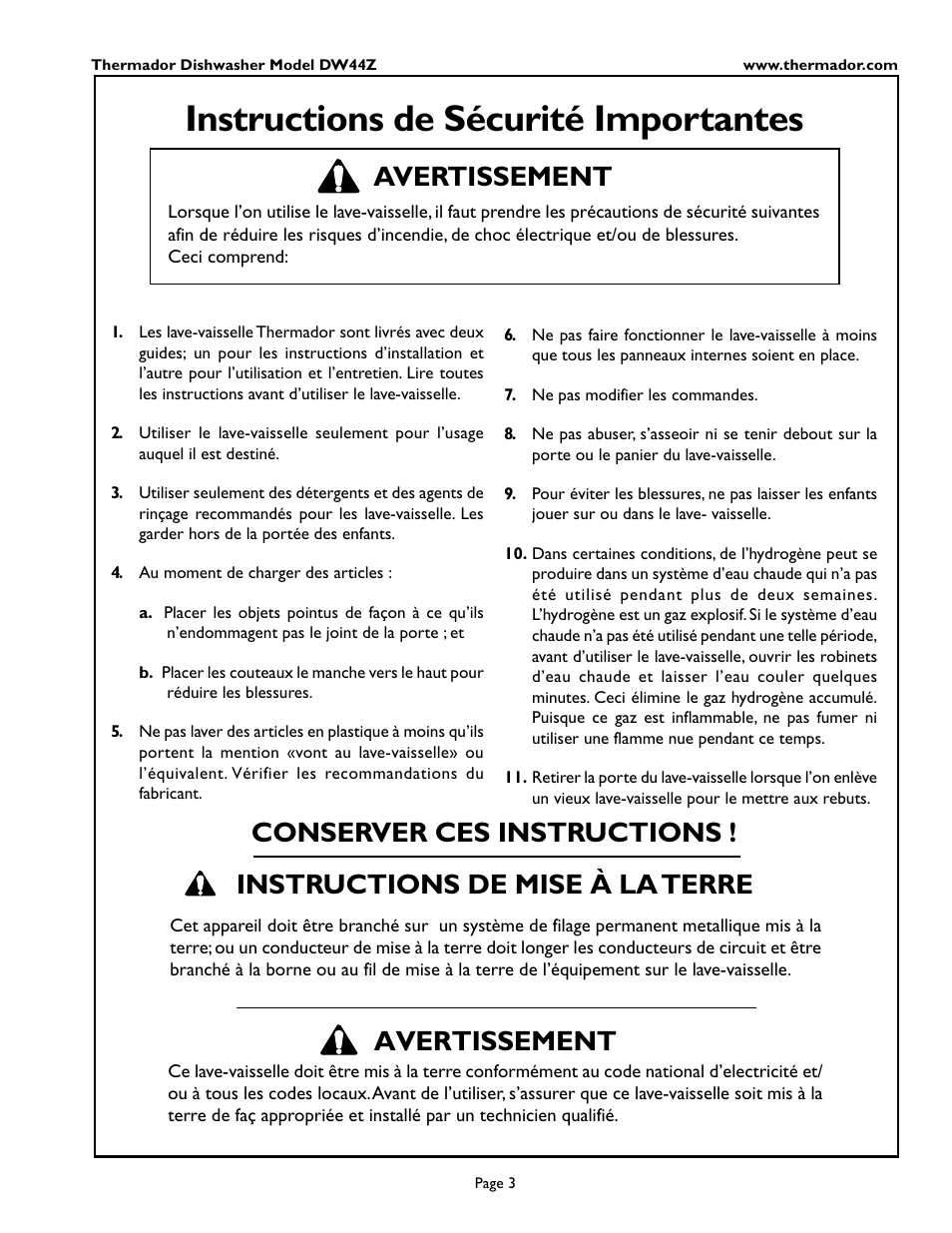 En- glish, Instructions de sécurité importantes, Avertissement | Thermador DW44ZSB User Manual | Page 5 / 24