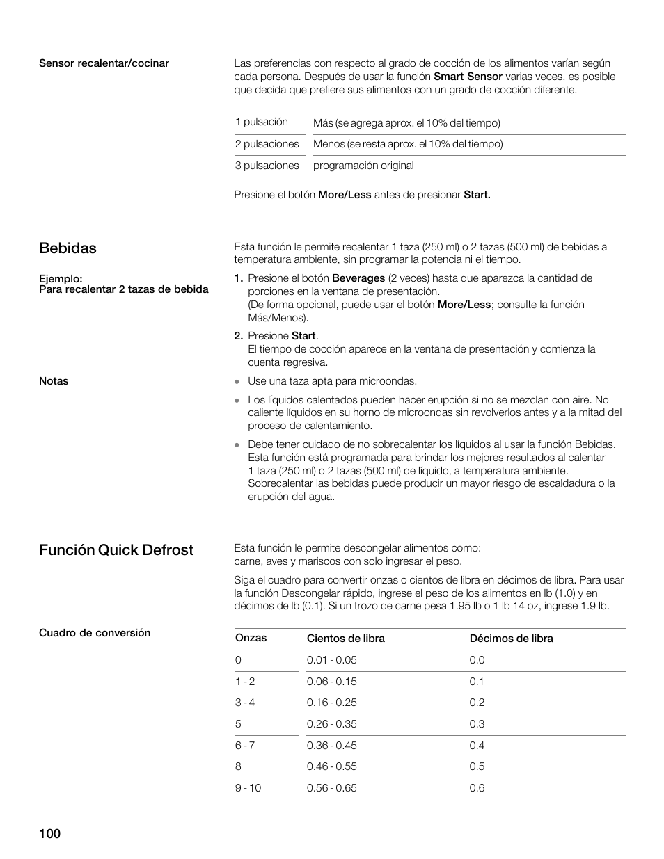 Bebidas, Función quick defrost | Thermador MBEW User Manual | Page 100 / 124