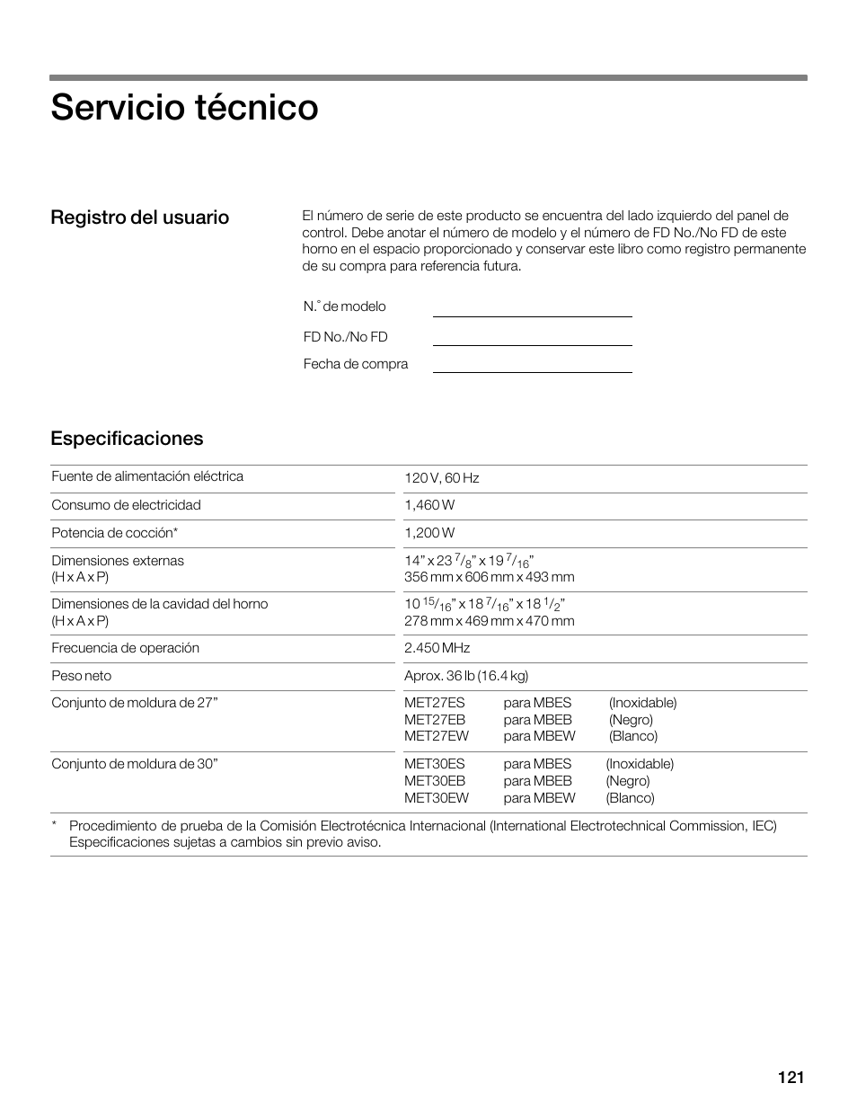 Servicio técnico, Registro del usuario especificaciones | Thermador MBEW User Manual | Page 121 / 124