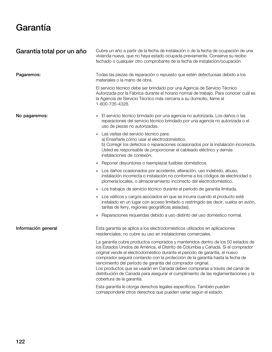 Garantía, Garantía total por un año | Thermador MBEW User Manual | Page 122 / 124