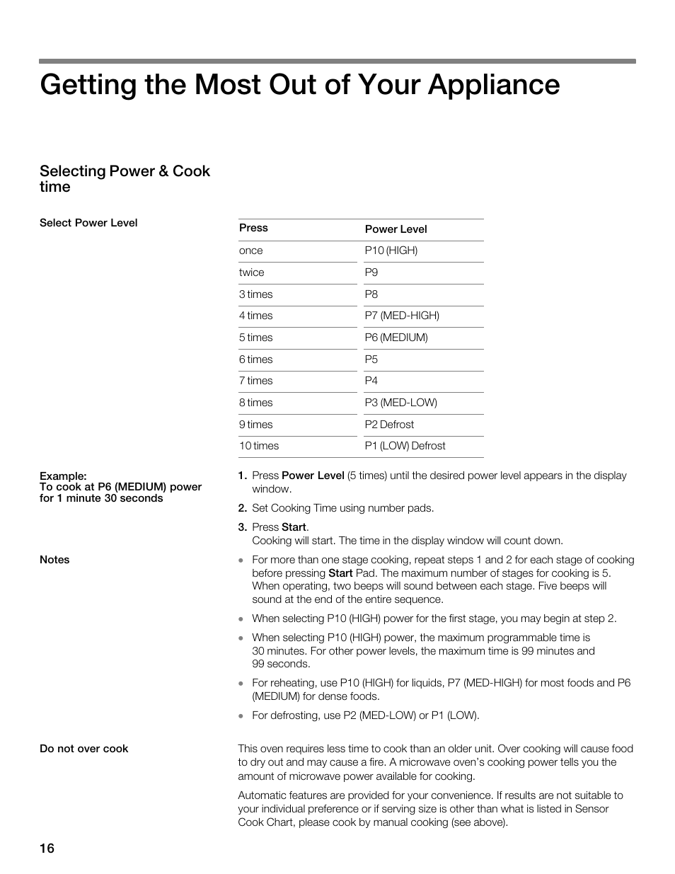 Getting the most out of your appliance, Selecting power & cook time | Thermador MBEW User Manual | Page 16 / 124