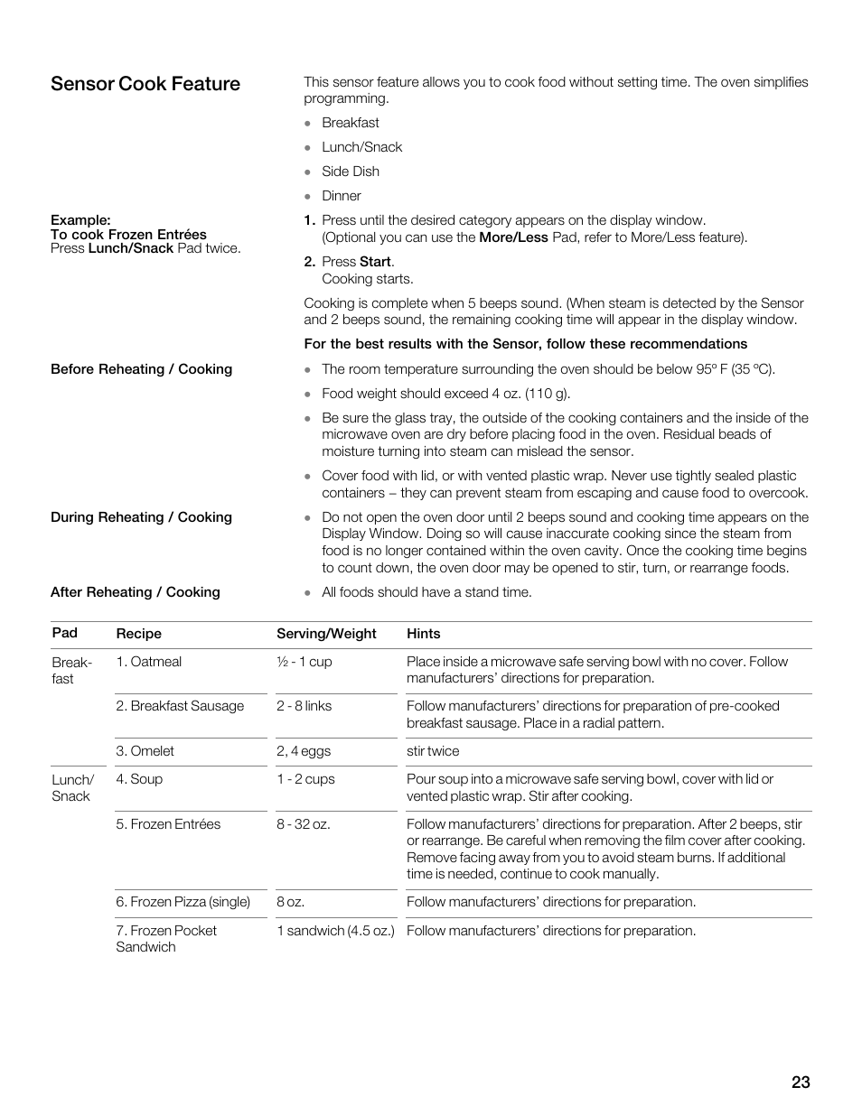 Sensor cook feature | Thermador MBEW User Manual | Page 23 / 124