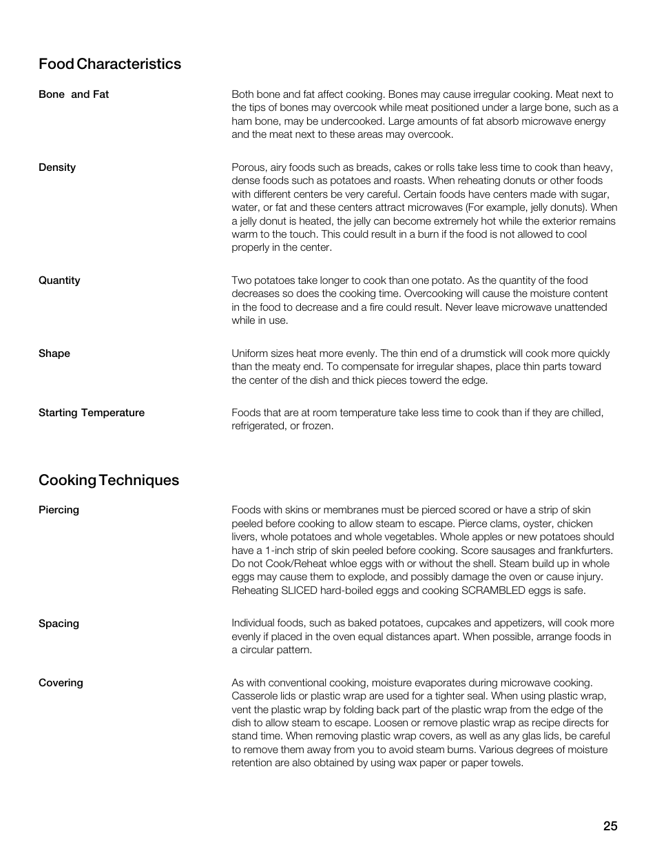 Food characteristics, Cooking techniques | Thermador MBEW User Manual | Page 25 / 124