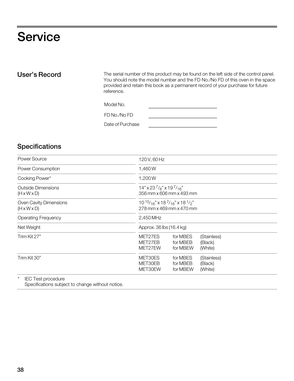Service, User's record specifications | Thermador MBEW User Manual | Page 38 / 124