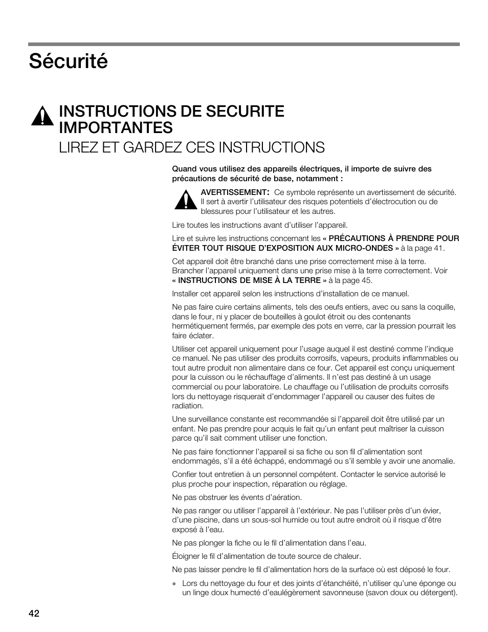 Sécurité, Instructions de sécurité importantes, Lirez et gardez ces instructions | Thermador MBEW User Manual | Page 42 / 124