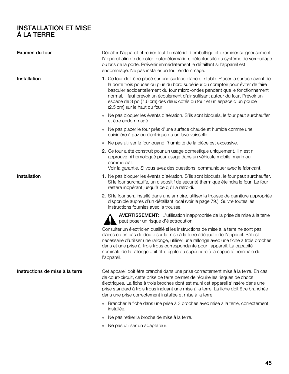 Installation et mise à la terre | Thermador MBEW User Manual | Page 45 / 124