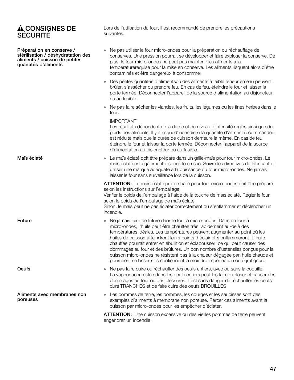 Ř consignes de sécurité | Thermador MBEW User Manual | Page 47 / 124