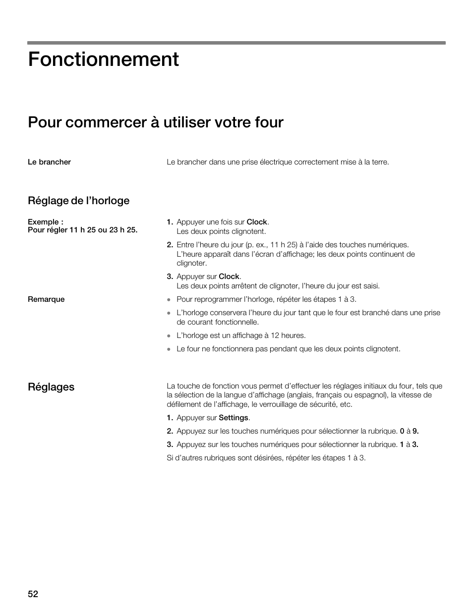 Fonctionnement, Pour commercer à utiliser votre four | Thermador MBEW User Manual | Page 52 / 124