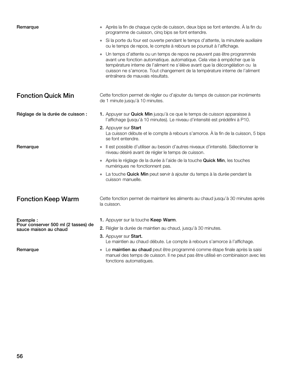 Fonction quick min, Fonction keep warm | Thermador MBEW User Manual | Page 56 / 124
