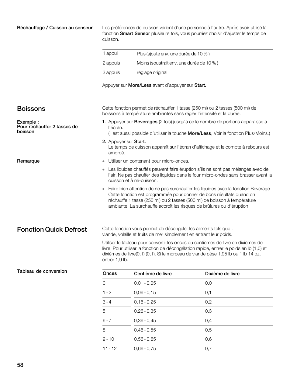 Boissons, Fonction quick defrost | Thermador MBEW User Manual | Page 58 / 124