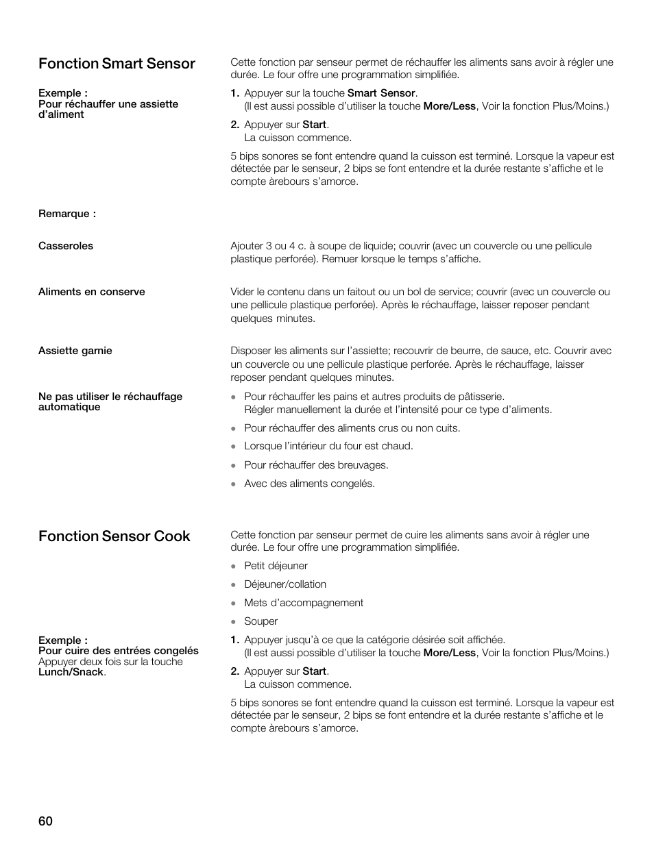 Fonction smart sensor, Fonction sensor cook | Thermador MBEW User Manual | Page 60 / 124