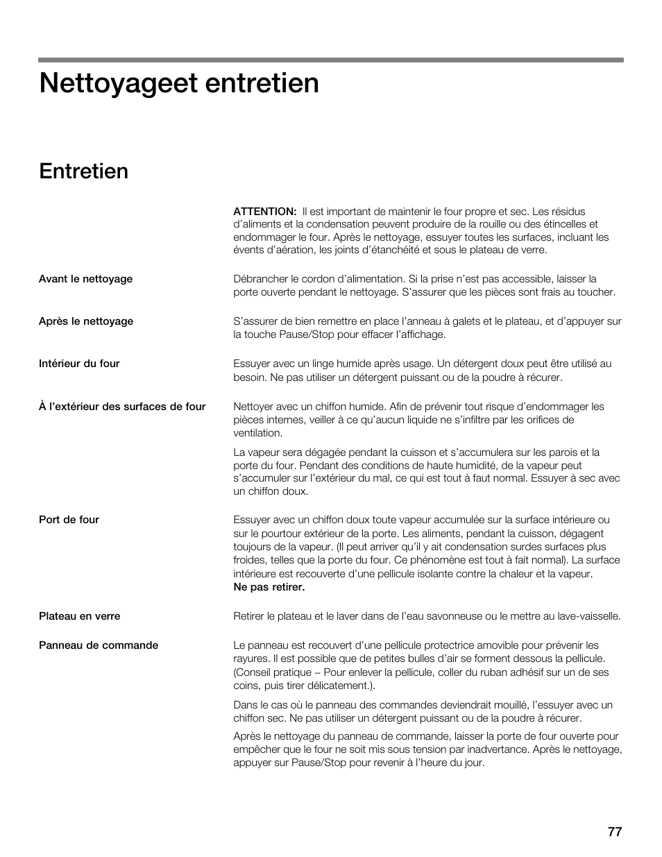Nettoyageet entretien, Entretien | Thermador MBEW User Manual | Page 77 / 124