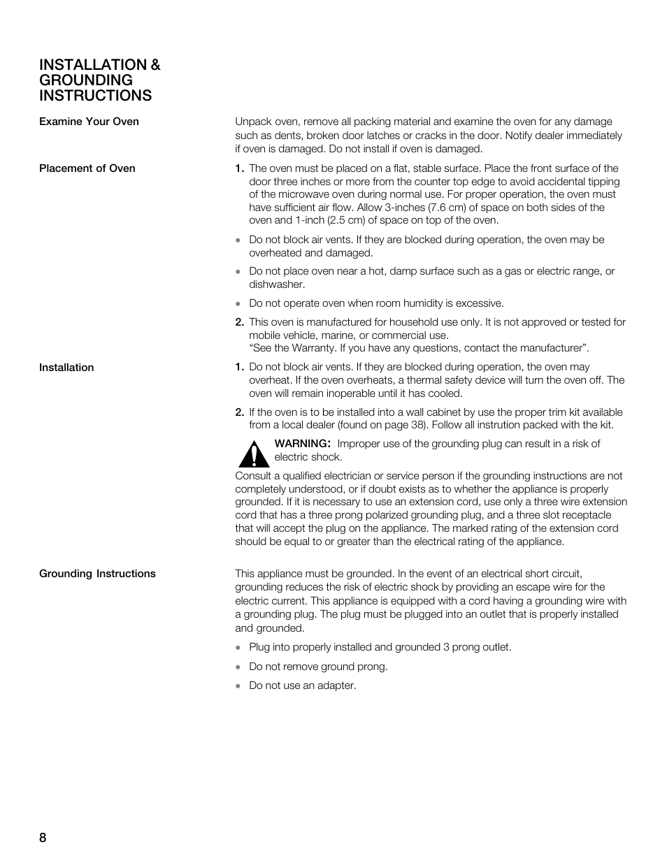 Installation & grounding instructions | Thermador MBEW User Manual | Page 8 / 124