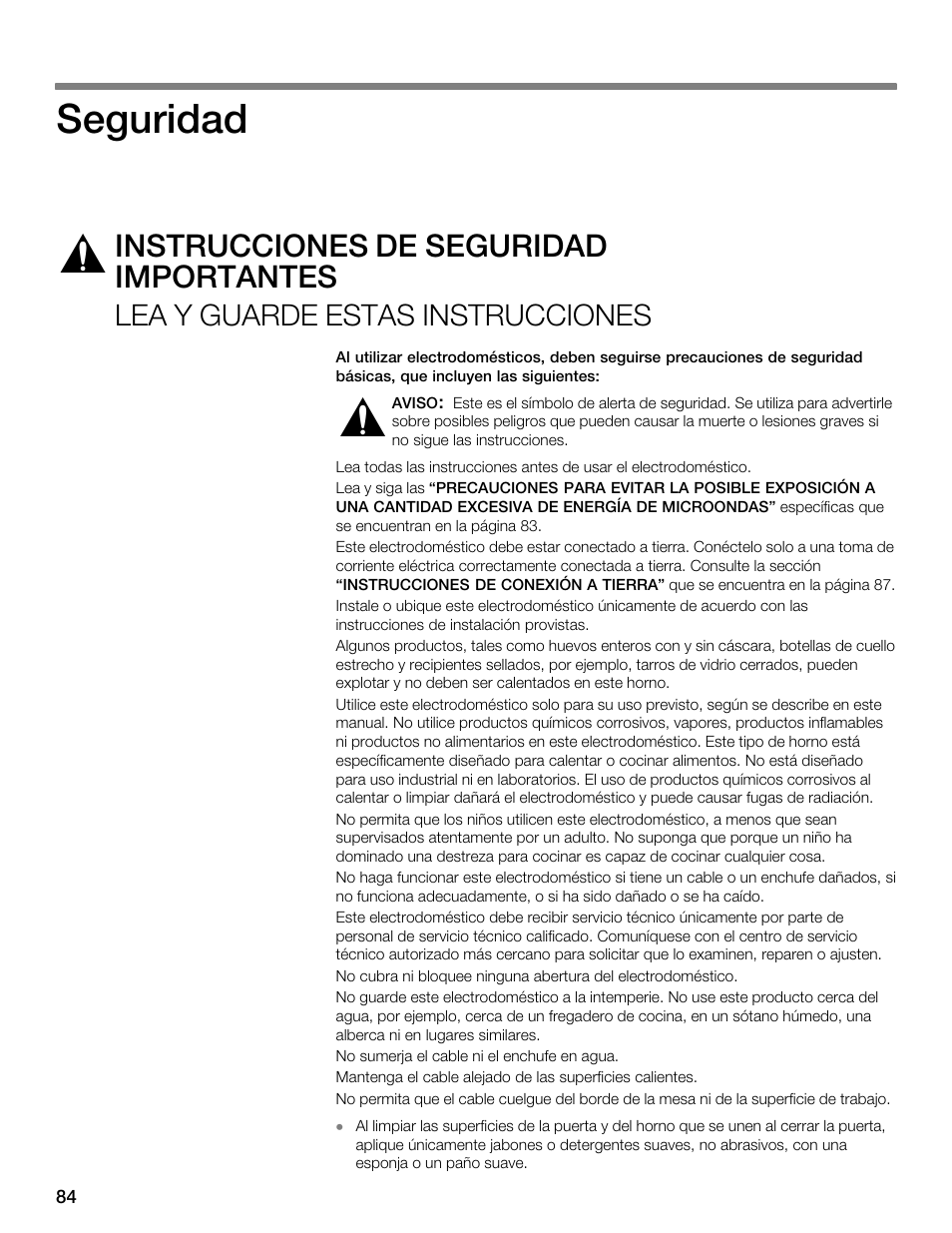 Seguridad, Instrucciones de seguridad importantes, Lea y guarde estas instrucciones | Thermador MBEW User Manual | Page 84 / 124