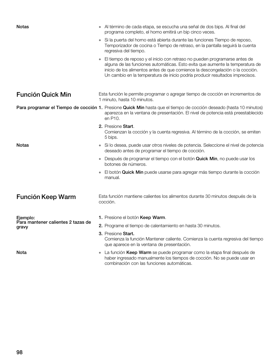 Función quick min, Función keep warm | Thermador MBEW User Manual | Page 98 / 124