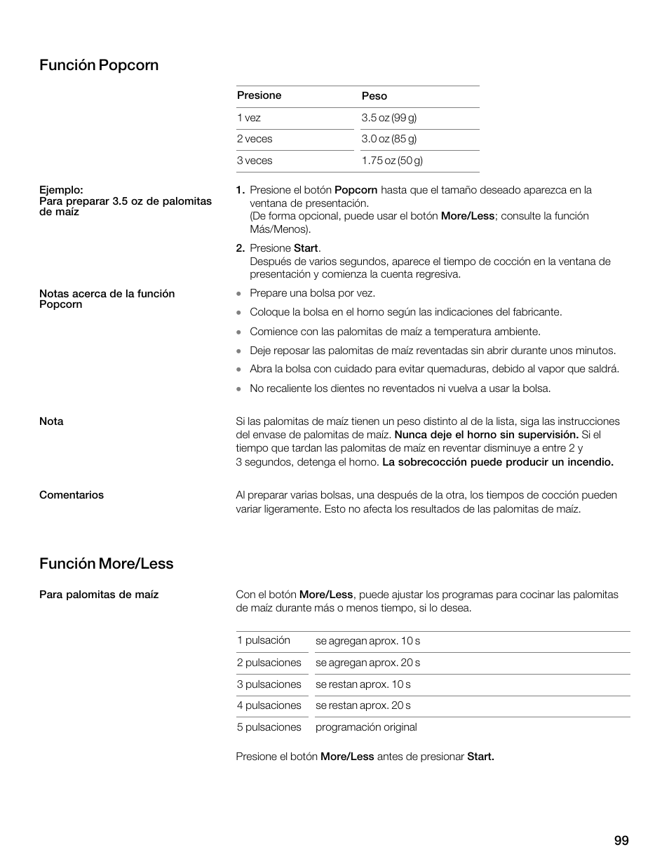 Función popcorn, Función more/less | Thermador MBEW User Manual | Page 99 / 124