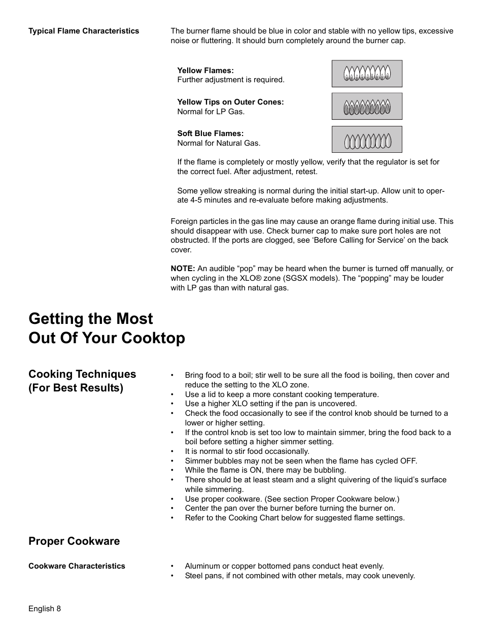 Typical flame characteristics, Getting the most out of your cooktop, Cooking techniques (for best results) | Proper cookware, Cookware characteristics | Thermador SGSX456 User Manual | Page 12 / 52