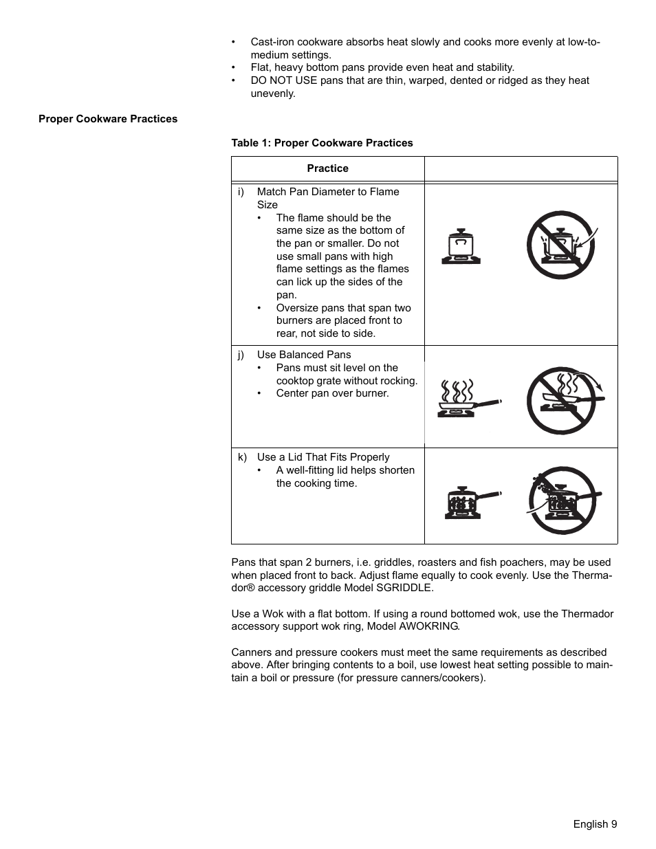 Proper cookware practices, Table 1: proper cookware practices, I) match pan diameter to flame size | J) use balanced pans, K) use a lid that fits properly | Thermador SGSX456 User Manual | Page 13 / 52