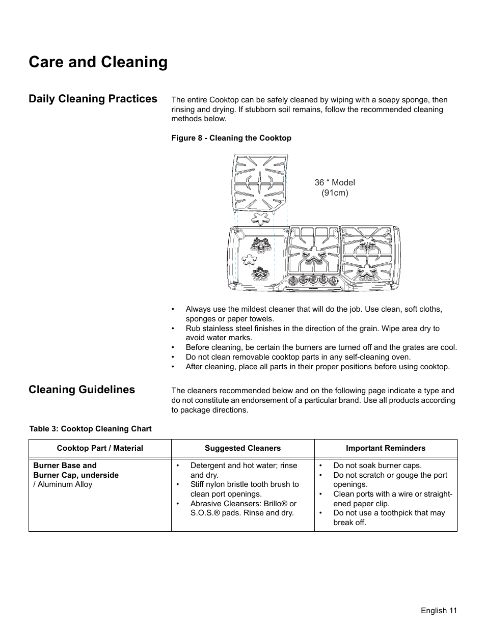 Care and cleaning, Daily cleaning practices, Cleaning guidelines | Table 3: cooktop cleaning chart | Thermador SGSX456 User Manual | Page 15 / 52