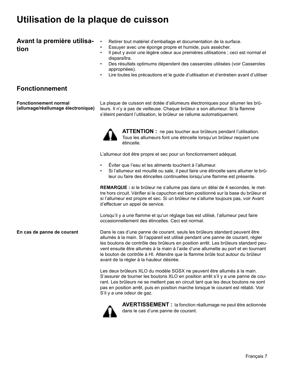 Utilisation de la plaque de cuisson, Avant la première utilisation, Fonctionnement | En cas de panne de courant, Avant la première utilisa- tion | Thermador SGSX456 User Manual | Page 27 / 52