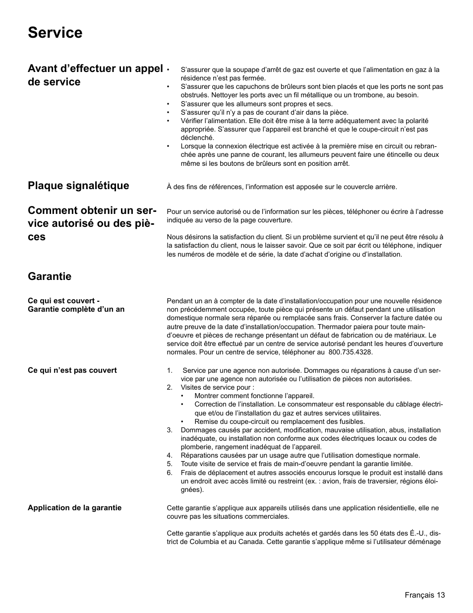 Service, Avant d’effectuer un appel de service, Plaque signalétique | Comment obtenir un service autorisé ou des pièces, Garantie, Ce qui est couvert - garantie complète d’un an, Ce qui n’est pas couvert, Visites de service pour, Application de la garantie | Thermador SGSX456 User Manual | Page 33 / 52