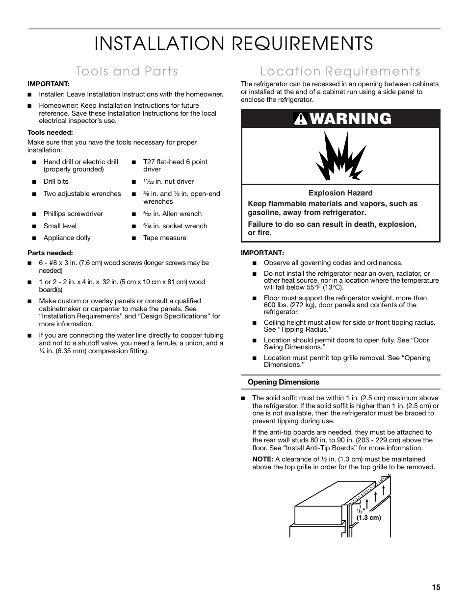Installation requirements, Warning | Thermador KBUIT4250A User Manual | Page 15 / 64