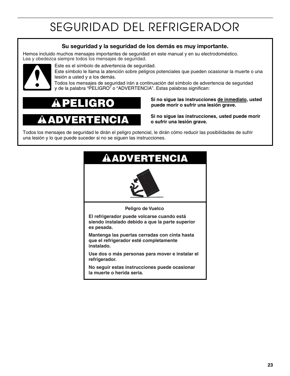 Seguridad del refrigerador, Peligro, Advertencia | Thermador KBUIT4250A User Manual | Page 23 / 64